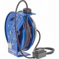 Coxreels PC13-5012-F Power Cord Spring Rewind Reel, Duplex GFCI Industrial Outlets, 50' Cord, 12 AWG